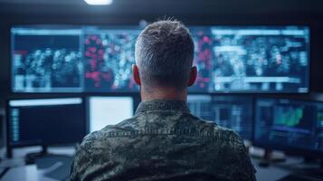 A soldier in uniform looking at multiple computer screens photo