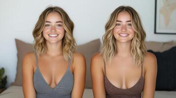 Two women sitting on a bed with their faces blurred photo