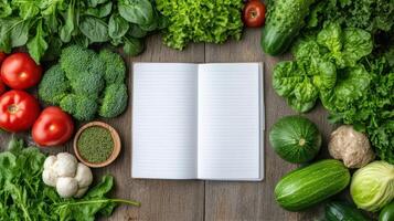A notebook with a blank page surrounded by vegetables photo
