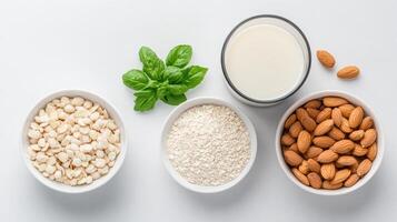 Various types of nuts and milk in bowls photo