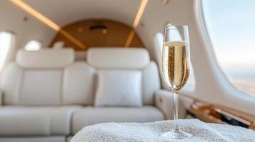 A glass of champagne on a table in an airplane photo