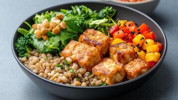 A bowl of food with tofu, broccoli, and other vegetables photo