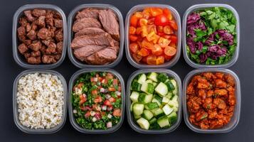 Six containers of different types of food in plastic containers photo