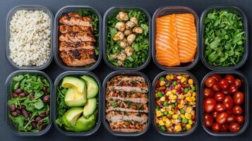 A variety of healthy meals in plastic containers photo