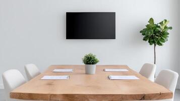 A wooden table with white chairs in front of a wall photo