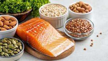Salmon, nuts, seeds and other foods photo