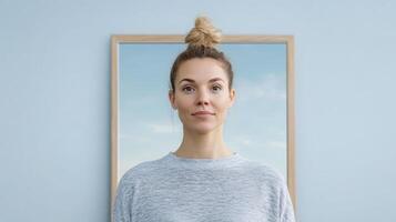 A woman is looking up at the camera in front of a frame photo