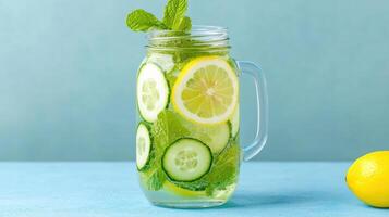 A glass jar with cucumber, lemon and mint leaves photo