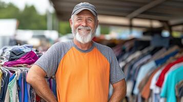 A smiling man standing in front of a clothing rack photo