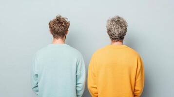 Two men in colorful sweaters standing next to each other photo
