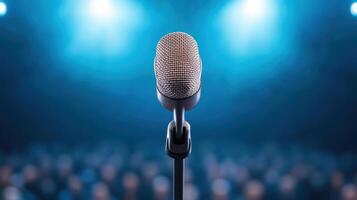 Microphone on stage with audience in the background photo