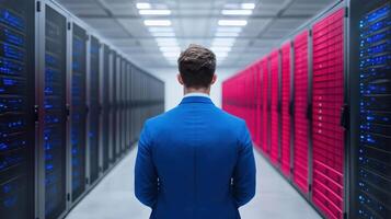 A man in a blue suit stands in front of rows of servers photo