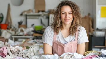 A woman is sitting at a table with a pile of clothes photo
