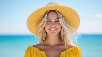 A beautiful blonde woman in a yellow dress and hat on the beach photo