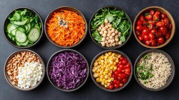 A variety of colorful vegetables in bowls photo