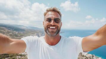 A man is taking a selfie with his hands up photo