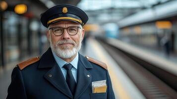 A man in a uniform standing in front of a train photo