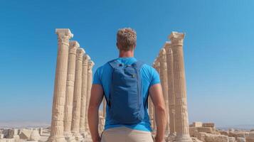 A man with a backpack standing in front of columns photo