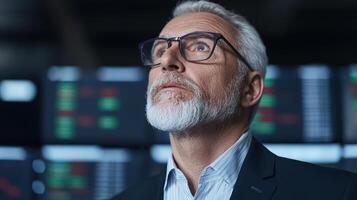 A man with a beard and glasses looking up at the screen photo