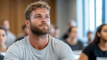 A man with a beard sitting in a classroom photo