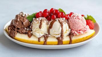 Banana split with ice cream, chocolate and berries photo