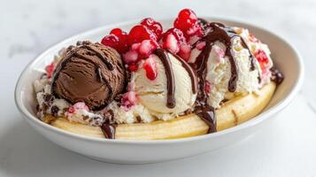 A banana split with ice cream, chocolate sauce and cherries photo