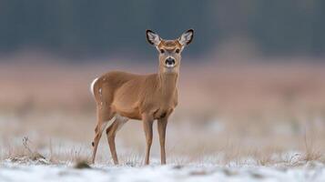 A deer stands in the snow in a field photo