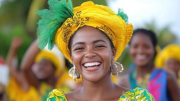 A woman in a colorful dress smiles while others are behind her photo