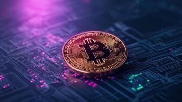 Bitcoin on circuit board with colorful lights photo