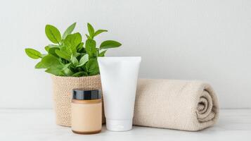 A bottle of cream, a towel and a plant photo