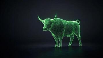 A green bull is shown in a dark room photo