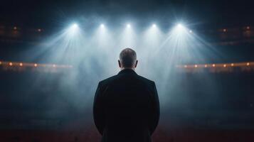 A man standing in front of a stage with bright lights photo