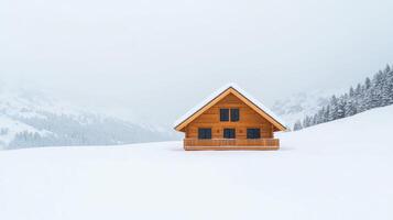 A small wooden house sits on top of a snowy hill photo