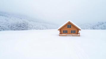 A small wooden house sits in the middle of a snowy field photo