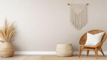 A room with a chair, a rug and a wall hanging photo