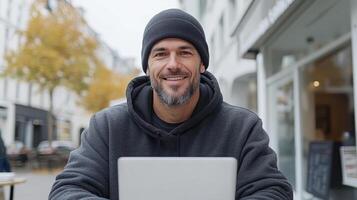 A man in a beanie is smiling while using a laptop photo