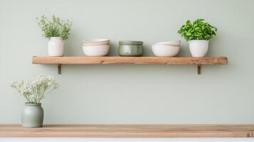 A shelf with several pots and plants on it photo