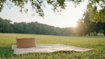 Picnic basket on grass in the sun photo