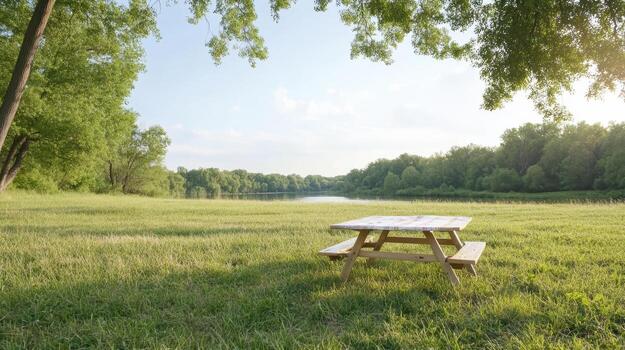 Picnic table in the park on a sunny day photo