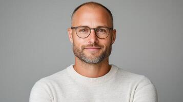 Portrait of a handsome man with glasses on grey background photo