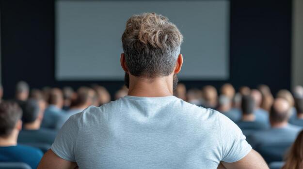 A man is sitting in front of a large audience photo