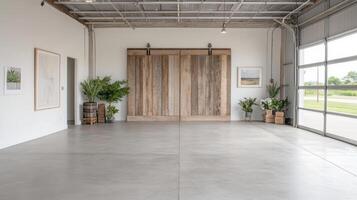 A large room with a wooden door and plants photo