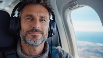 A man wearing headphones while sitting in an airplane photo