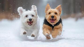 Two dogs running in the snow photo