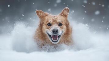 A dog is running through the snow photo