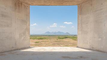 A window in a concrete building with a view of a mountain photo