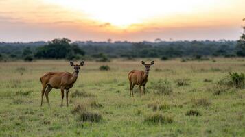 Two deer are standing in the grass photo