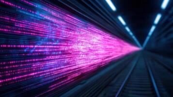 A train moving through a tunnel with a pink light photo