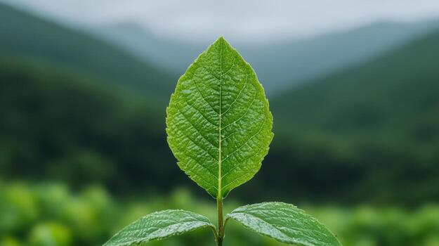 A green leaf is shown in front of a mountain range photo