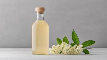 A bottle of honey and a branch of elderflower photo
